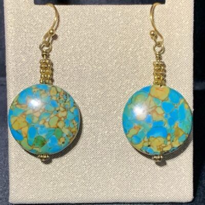 Gold and turquoise mosaic coin bead earrings