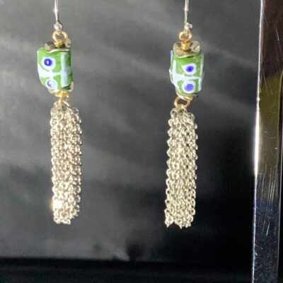 Green Recycled Glass Earrings With hand-painted blue circles