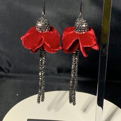 Red Flower Earrings With Pave Cap and Gunmetal Crystal Legs